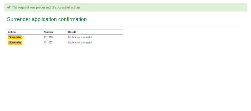 Surrender application confirmation page