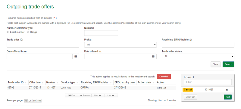 Outgoing trade offers cart