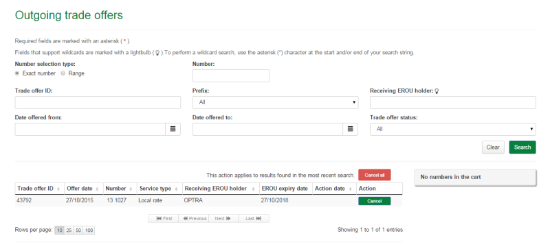 Outgoing trade offers search results