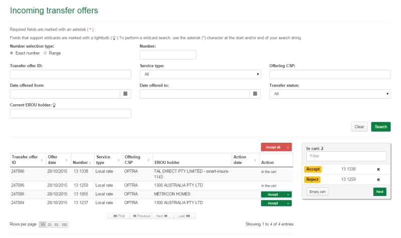 Incoming transfer offers cart