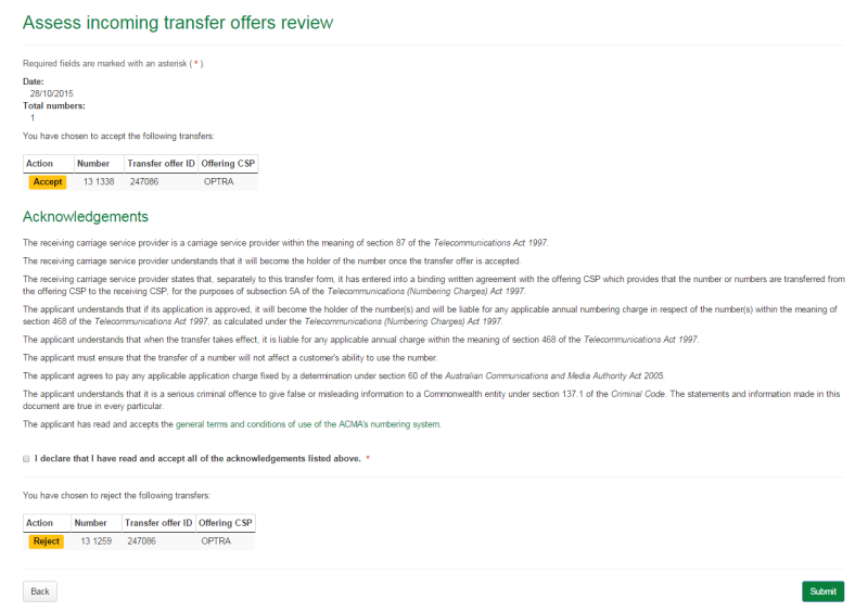 Assess incoming transfer offers review page