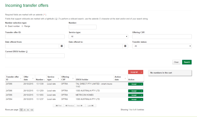 Incoming transfer offers search results