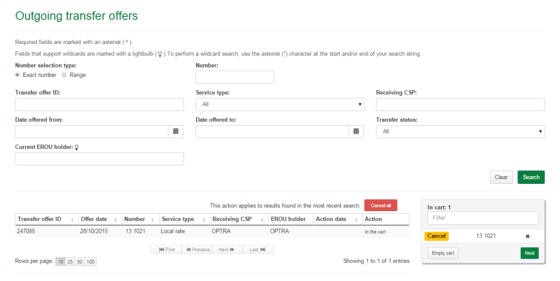Outgoing transfer offers cart