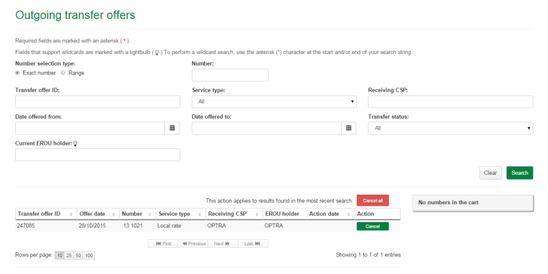 Outgoing transfer offers search results