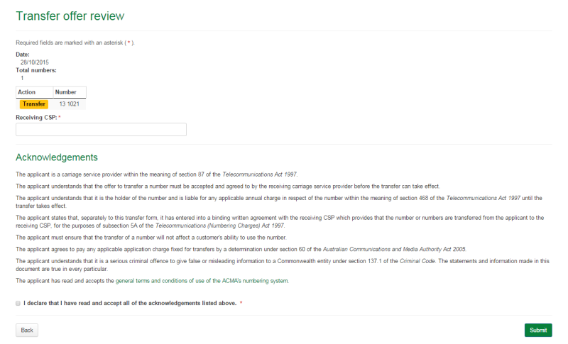 Transfer offer review page