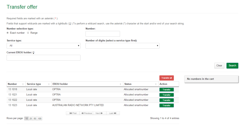 Transfer offer serach results