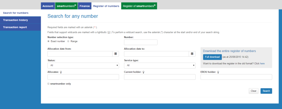 Search and View Register of Numbers